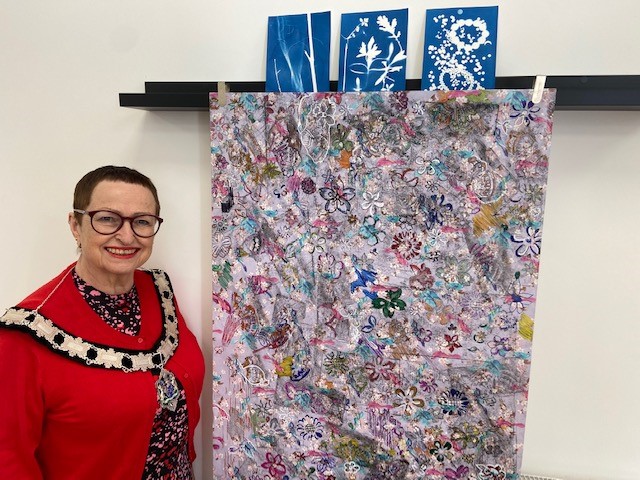 Reading Mayor and Launchpad Trustee Deborah Edwards at the Laucnhpad 135 art show