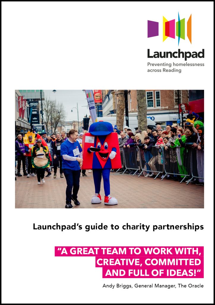 Copy of the cover of Launchpad's corporate fundraising brochure. It has a photo from Launchpad's Pancake Race